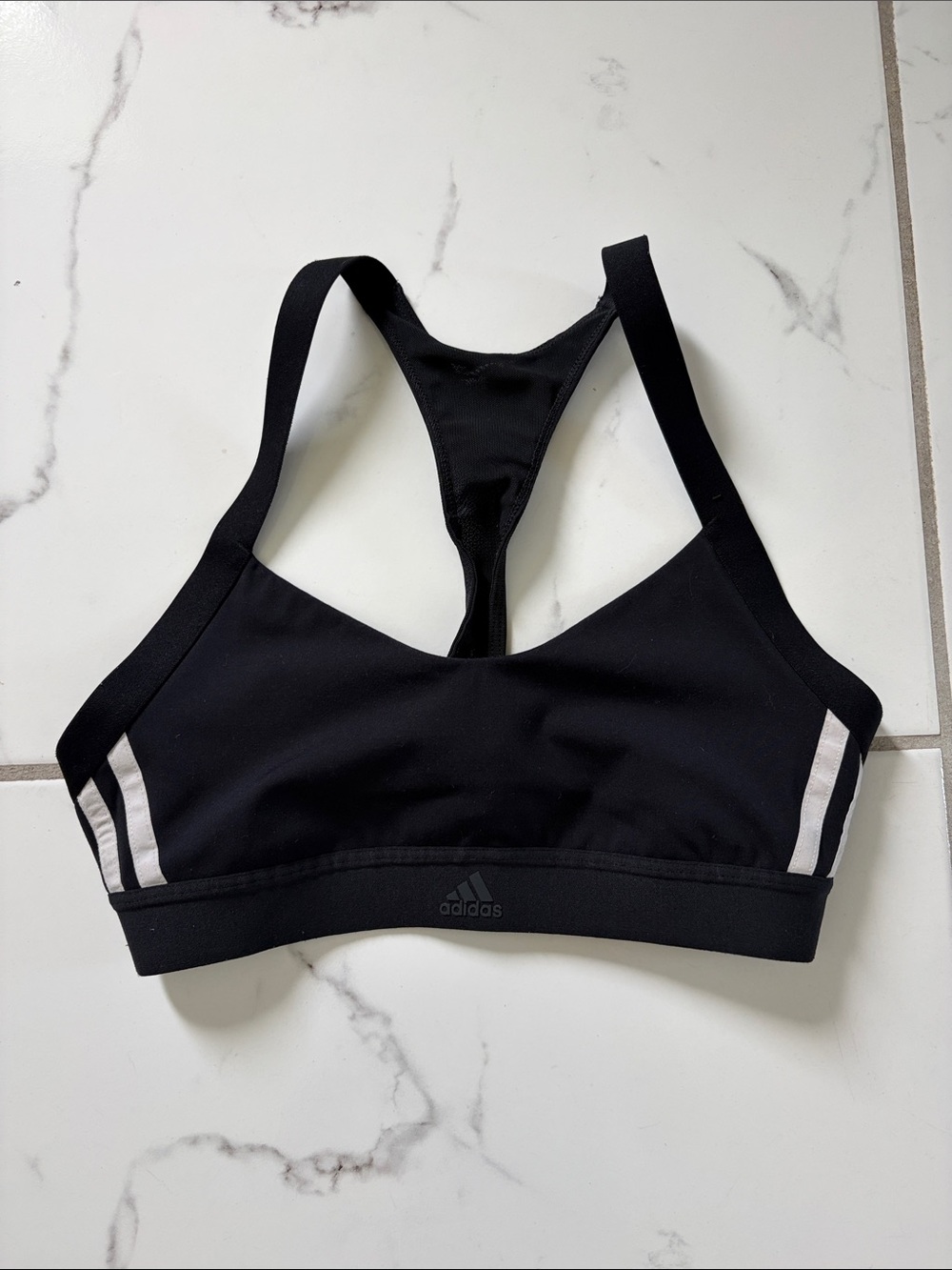 adidas Black Racerback Sports Bra with White Stripe Accents